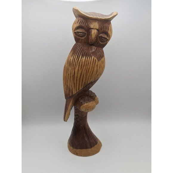 Chainsaw Hand Carved OWL on Stump Solid Wood Art Vintage Glazed 17"